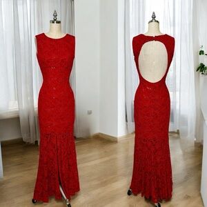 Adrianna Papell Red Sequin Lace Open Back Maxi Dress Formal Gown Medium